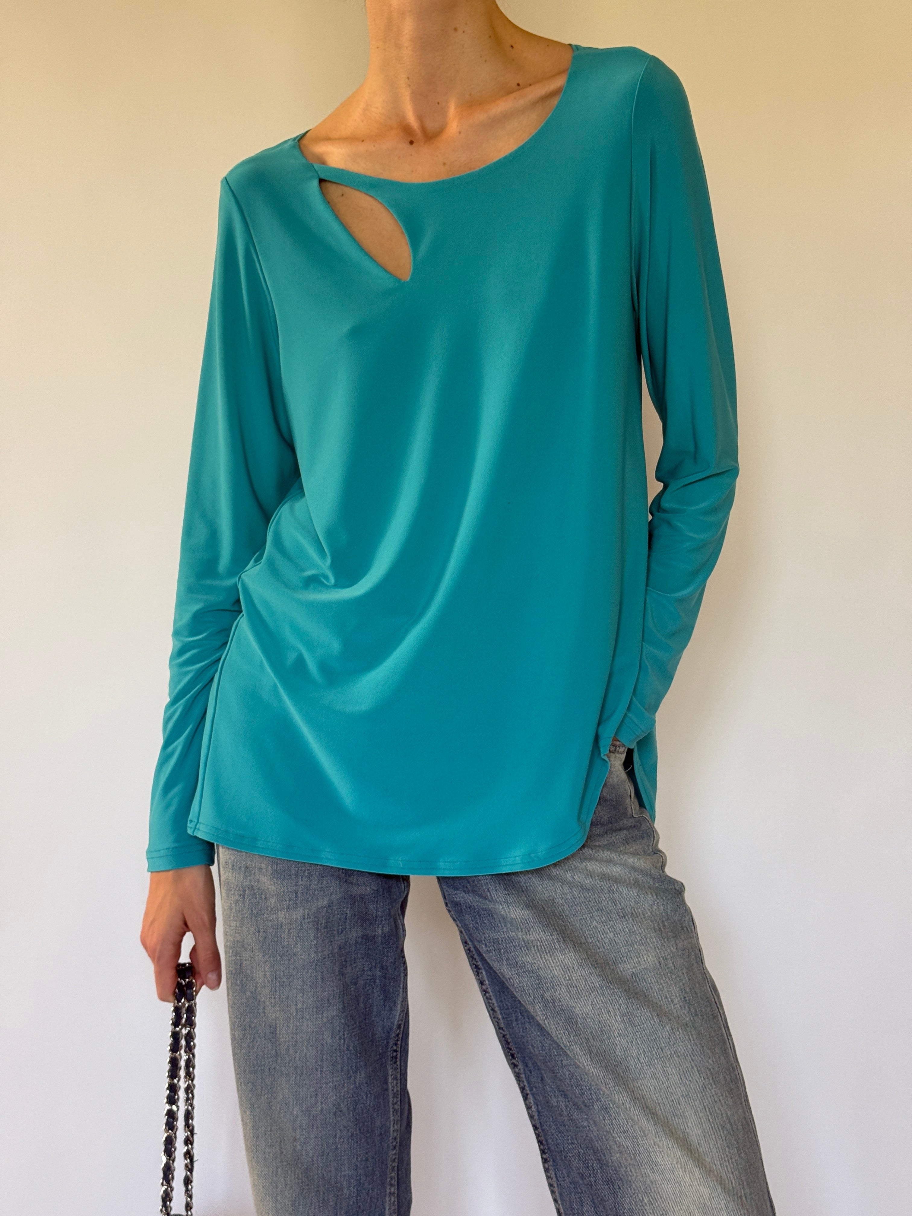 Vintage turquoise cutout neckline top front view