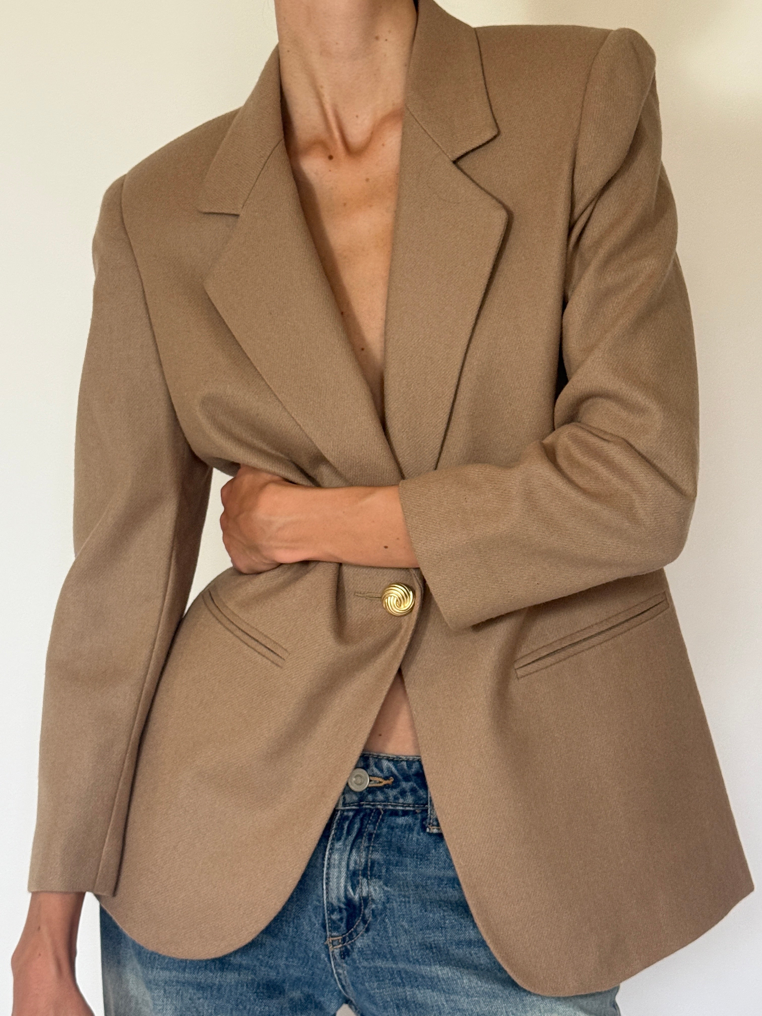 Vintage camel blazer gold-tone swirl button detail