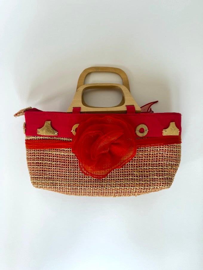 Vintage Red & Raffia Woven bag with Wooden Handles
