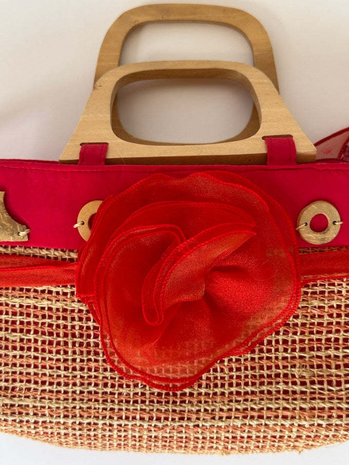 Vintage Red & Raffia Woven bag with Wooden Handles