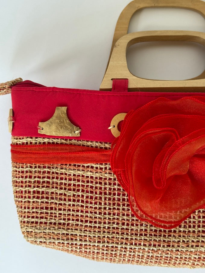 Vintage Red & Raffia Woven bag with Wooden Handles