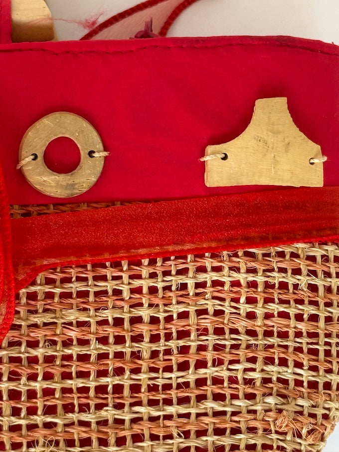 Vintage Red & Raffia Woven bag with Wooden Handles