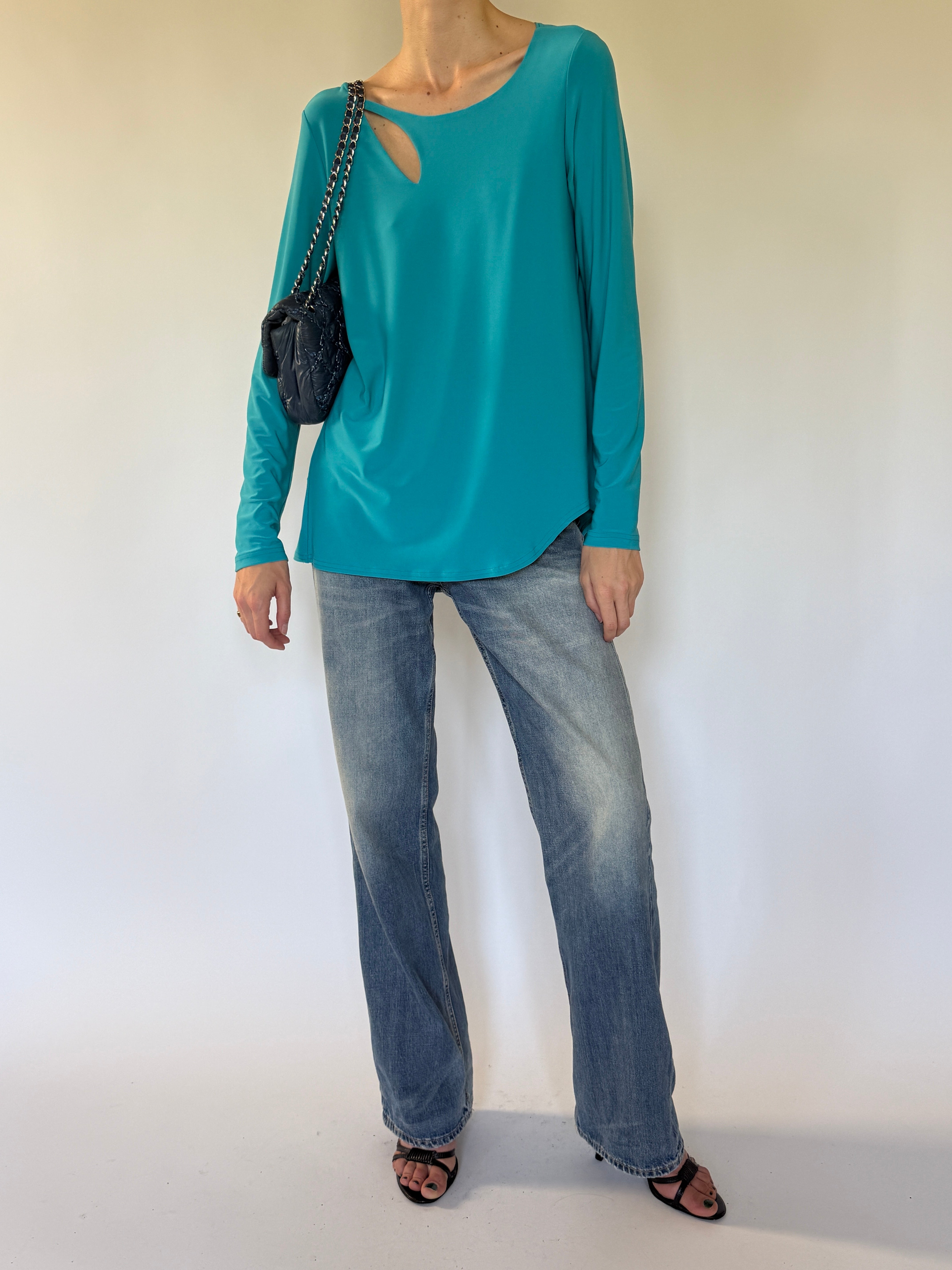 Vintage turquoise cutout neckline top front view