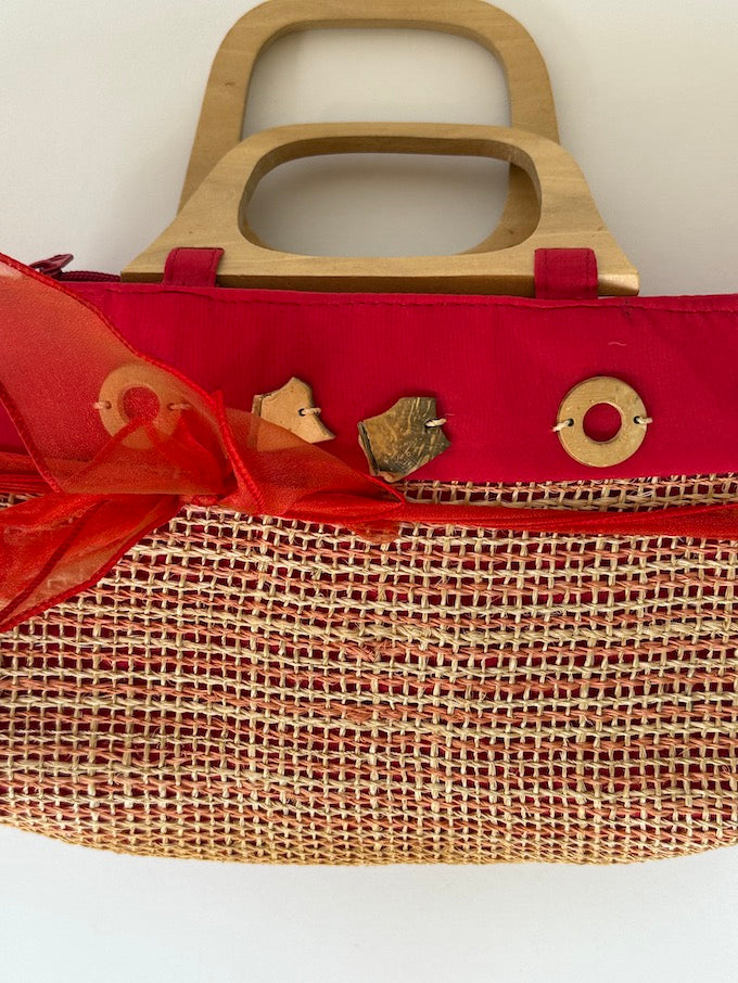 Vintage Red & Raffia Woven bag with Wooden Handles