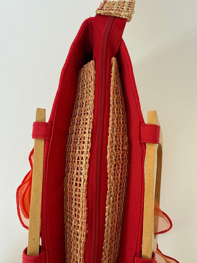 Vintage Red & Raffia Woven bag with Wooden Handles
