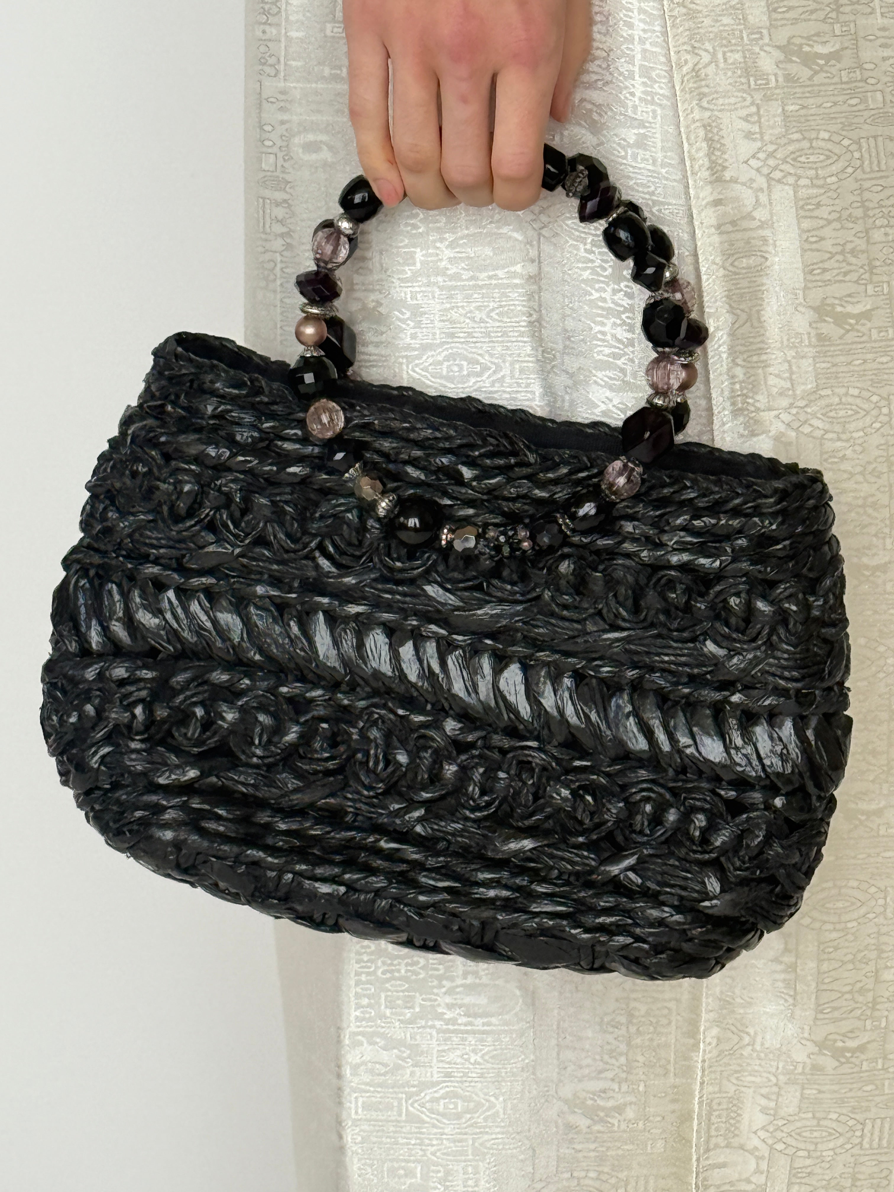 Vintage black woven handbag bead embellishment detail