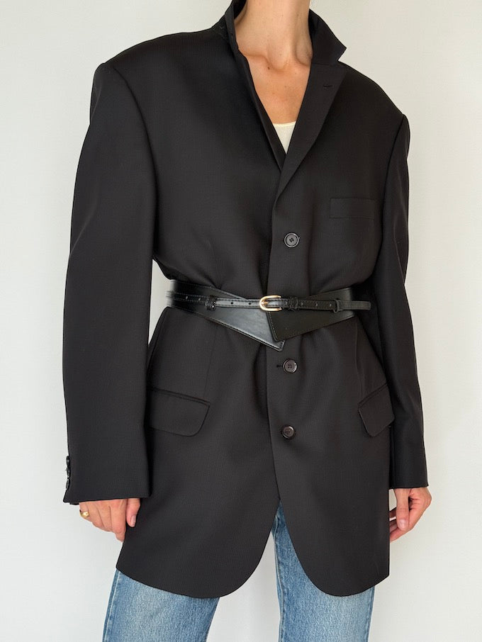 Vintage Oversized Faded Pinstripe Wool Blazer Black 5944