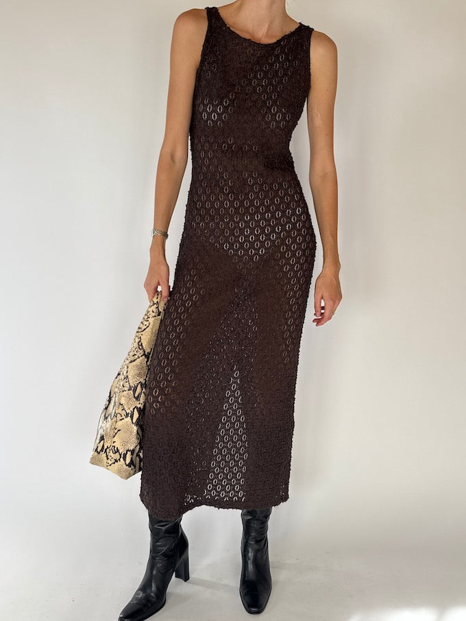 Vintage Chocolate Crochet Maxi Dress 6306