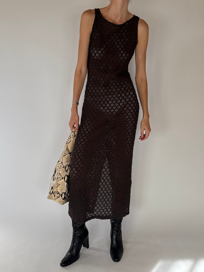 Vintage Chocolate Crochet Maxi Dress 6306