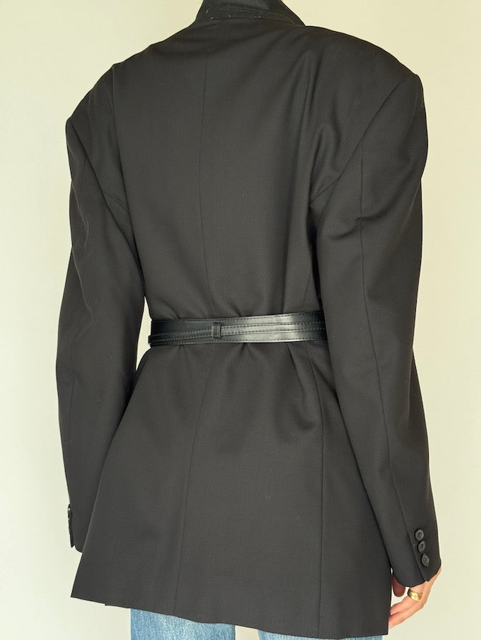 Vintage Oversized Faded Pinstripe Wool Blazer Black 5944