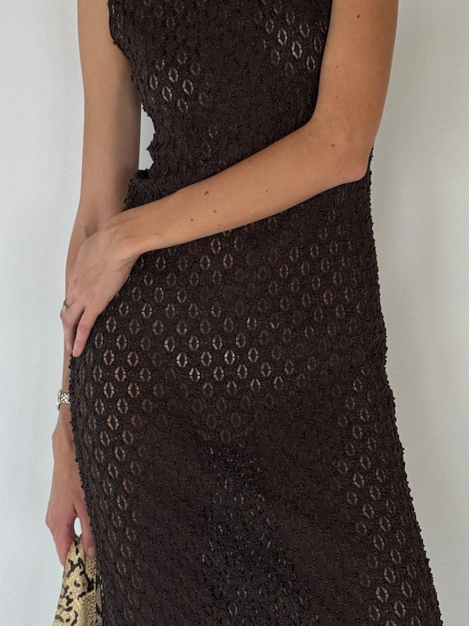 Vintage Chocolate Crochet Maxi Dress 6306