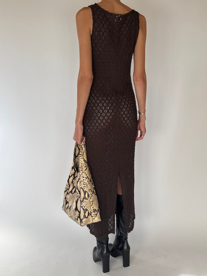 Vintage Chocolate Crochet Maxi Dress 6306