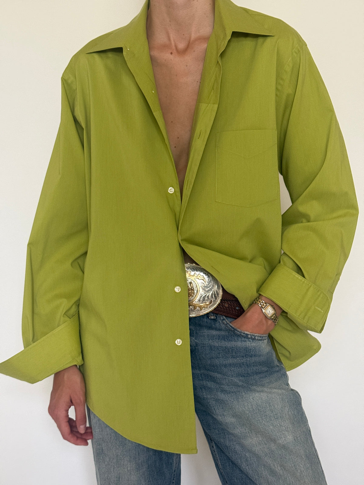 Vintage chartreuse shirt fabric close-up
