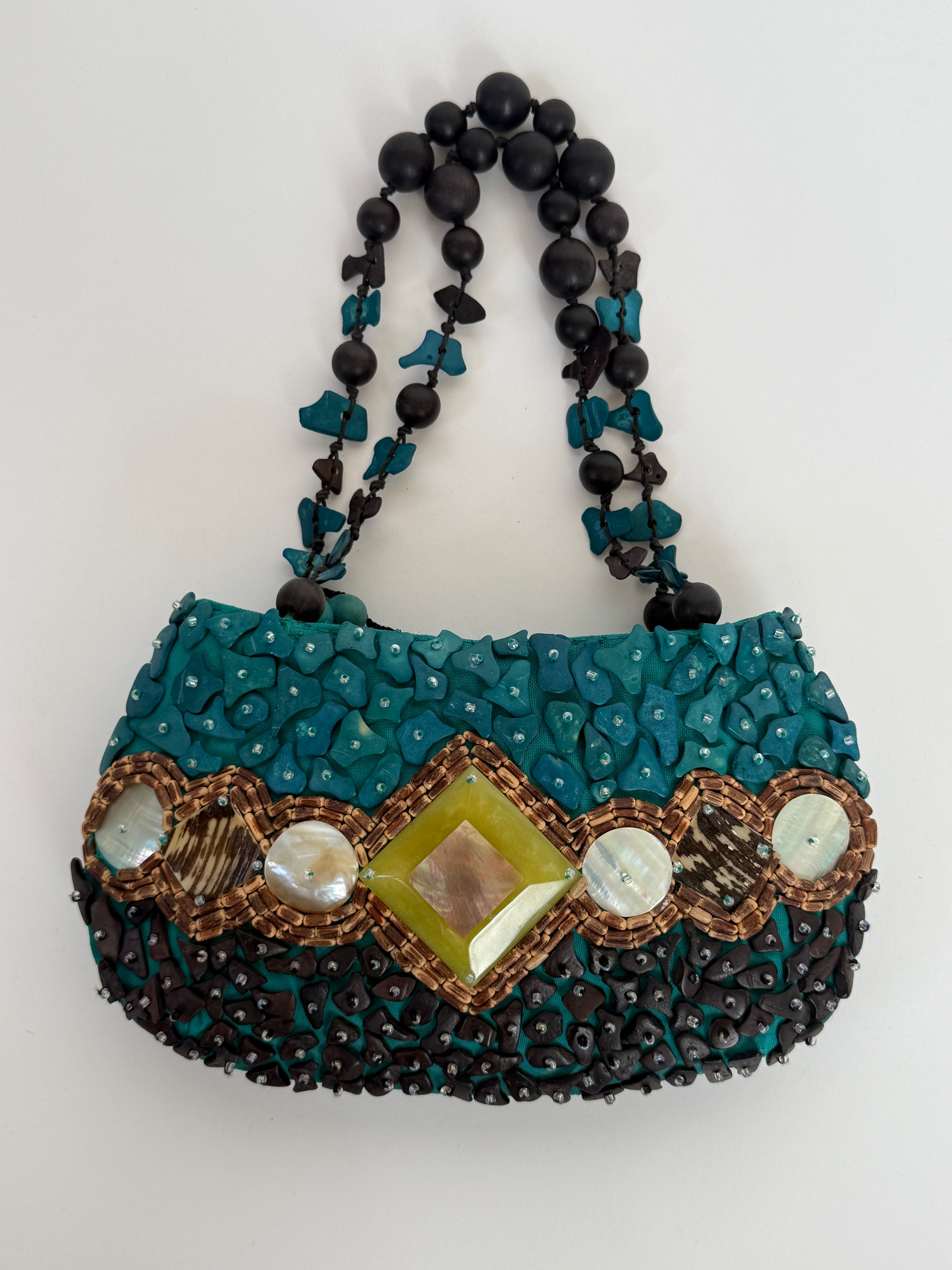 Vintage teal beaded purse shell detail close up