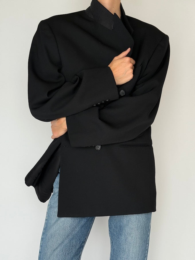 Vintage Oversized Double-Breasted Wool Blazer Black 6355