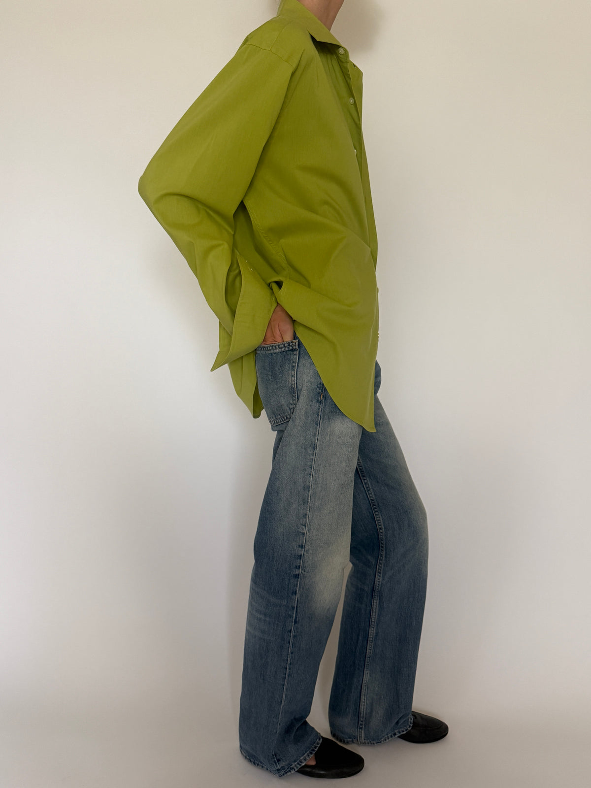 Vintage oversized button-up shirt chartreuse side view