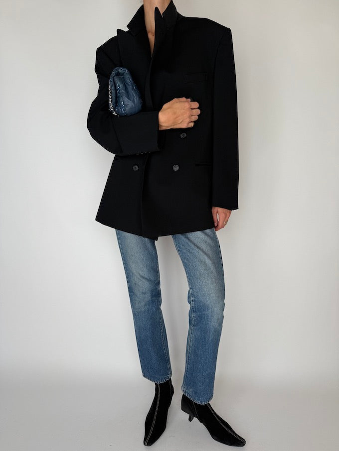Vintage Oversized Double-Breasted Wool Blazer Black 6355