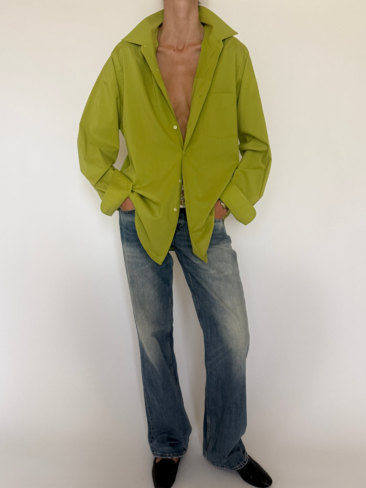 Vintage oversized button-up shirt chartreuse front view