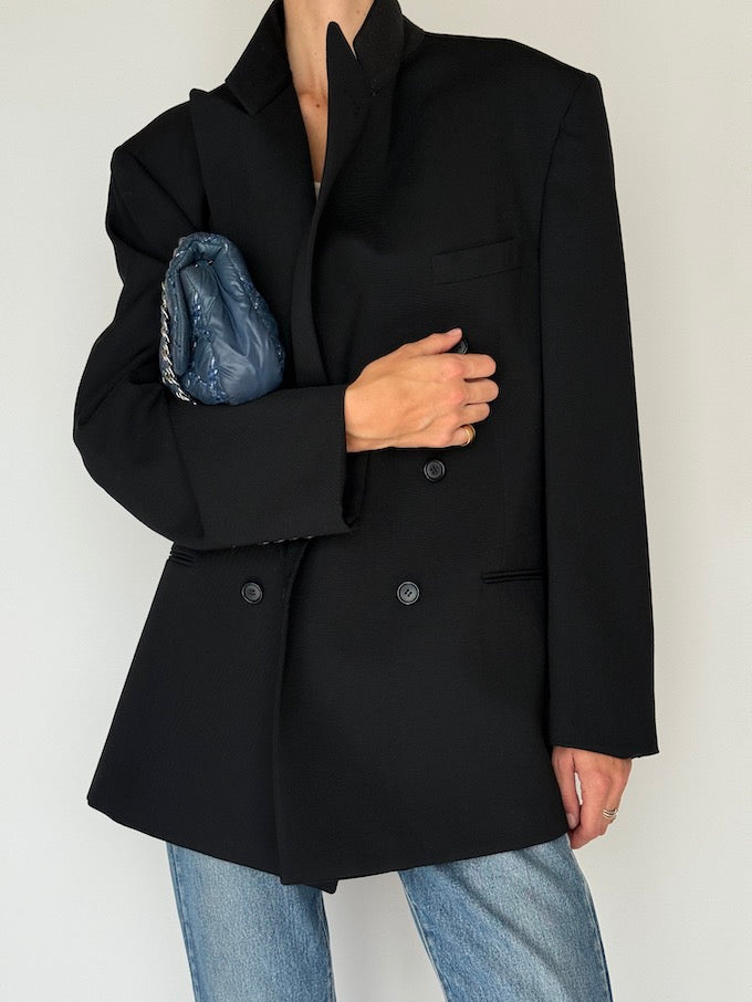Vintage Oversized Double-Breasted Wool Blazer Black 6355