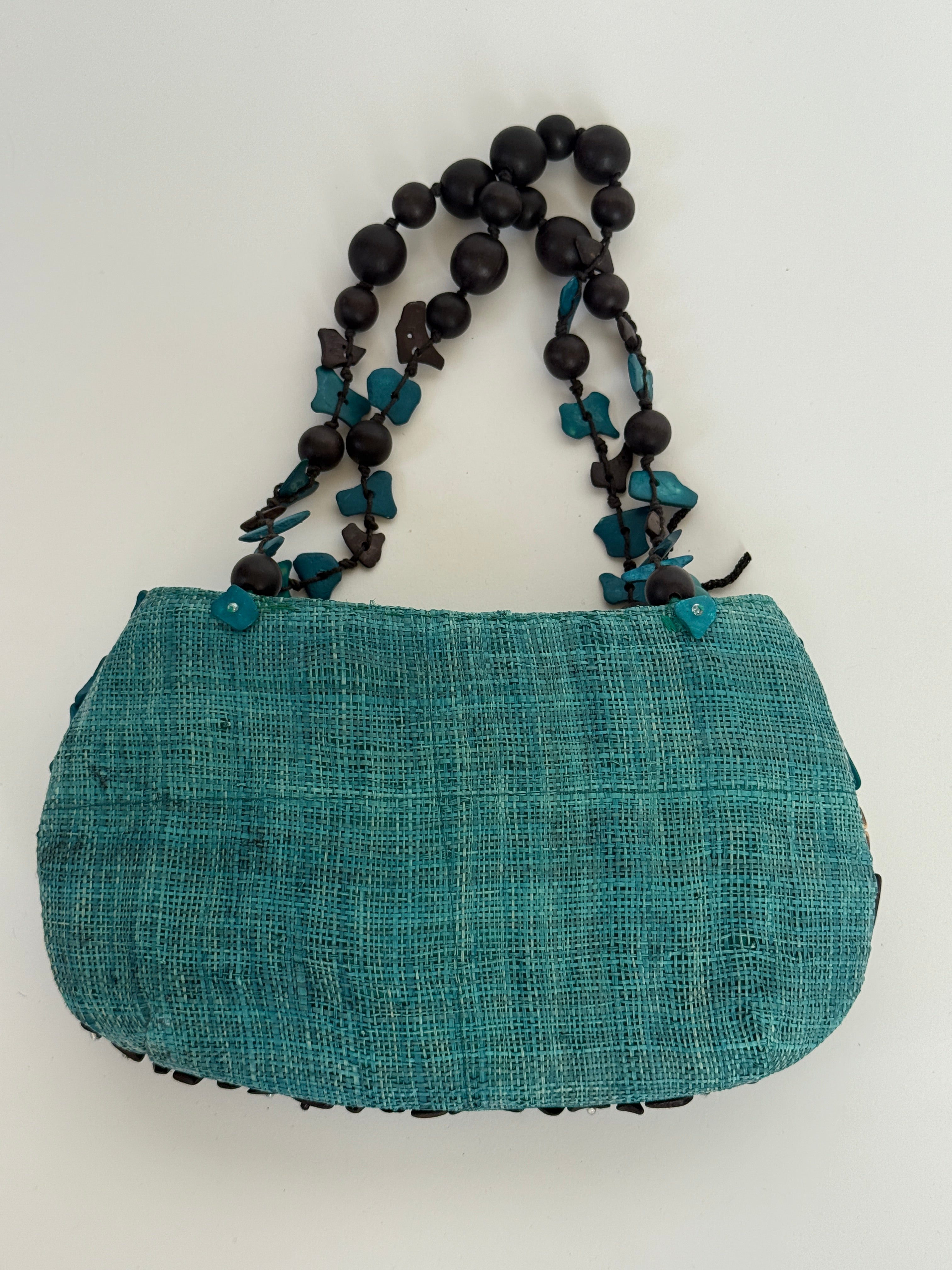 Vintage teal beaded handbag back view