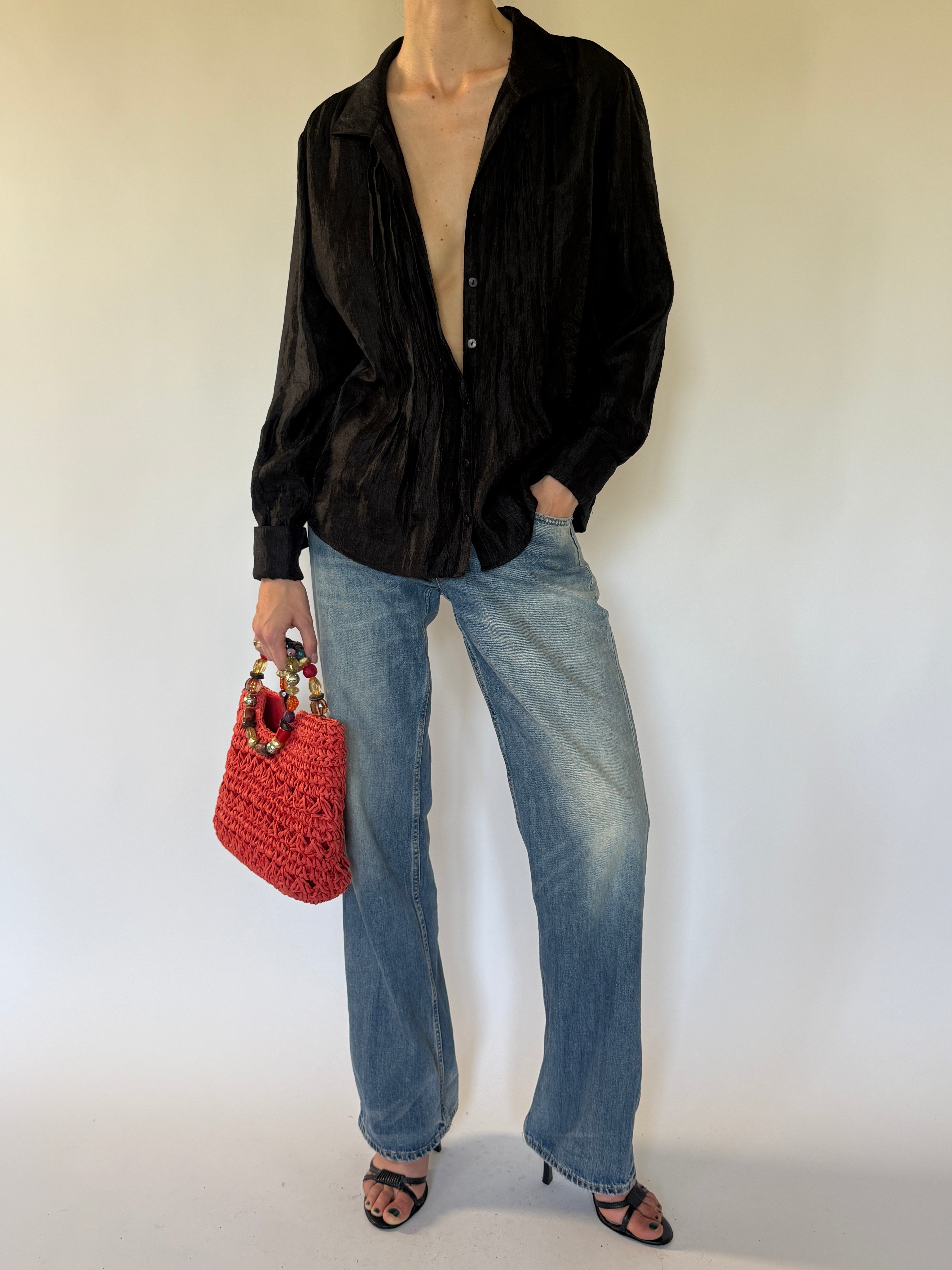 Vintage black crinkled sheer blouse front view