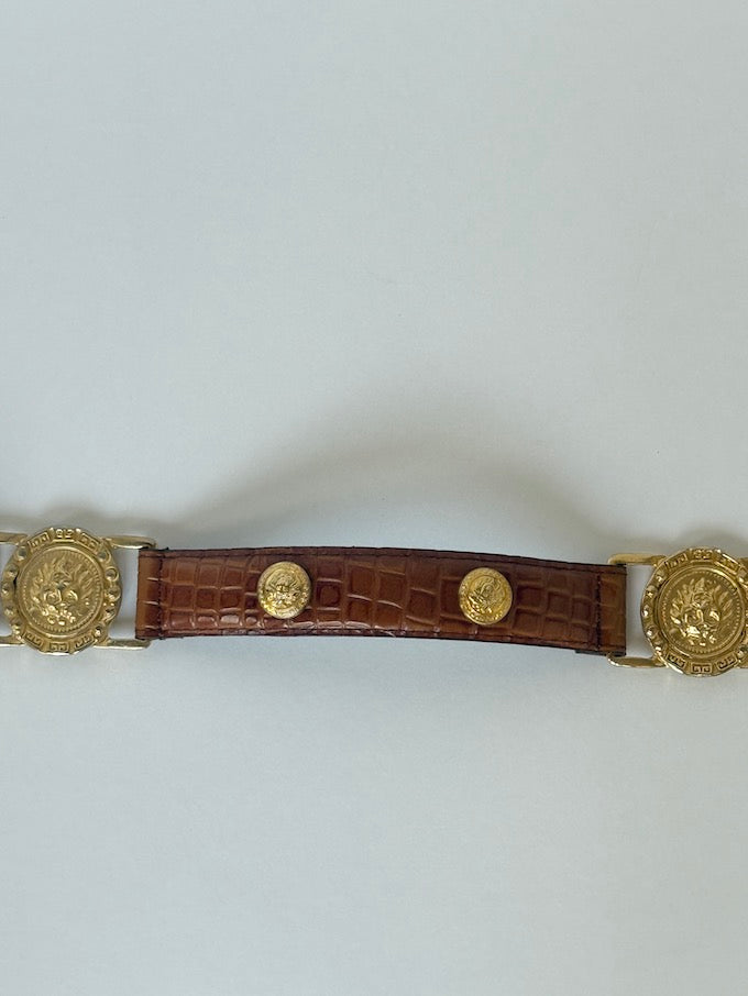 Vintage Gold Medallion & Croc-Embossed Leather Belt Brown