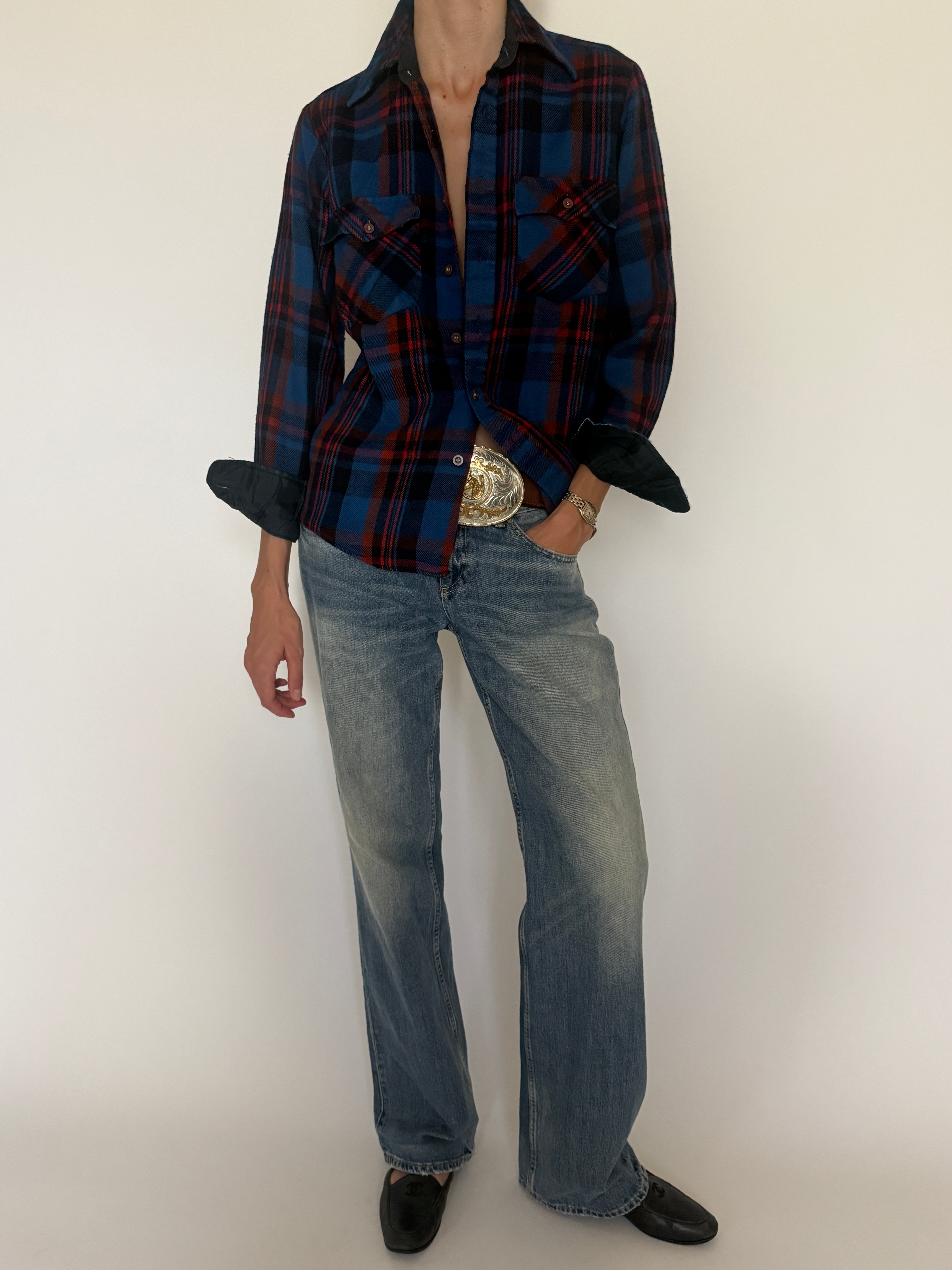 Vintage blue red and black plaid flannel shirt front view