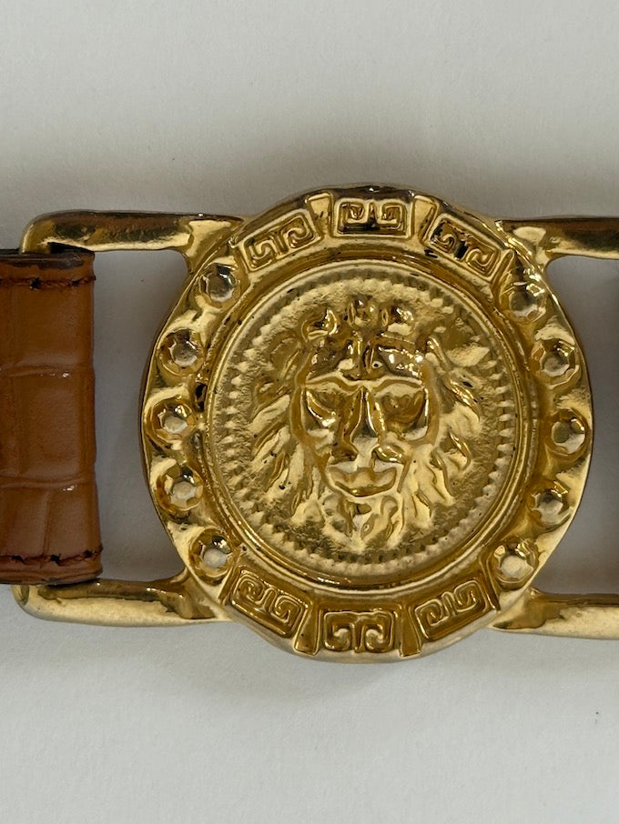 Vintage Gold Medallion & Croc-Embossed Leather Belt Brown