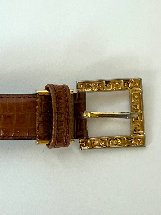 Vintage Gold Medallion & Croc-Embossed Leather Belt Brown