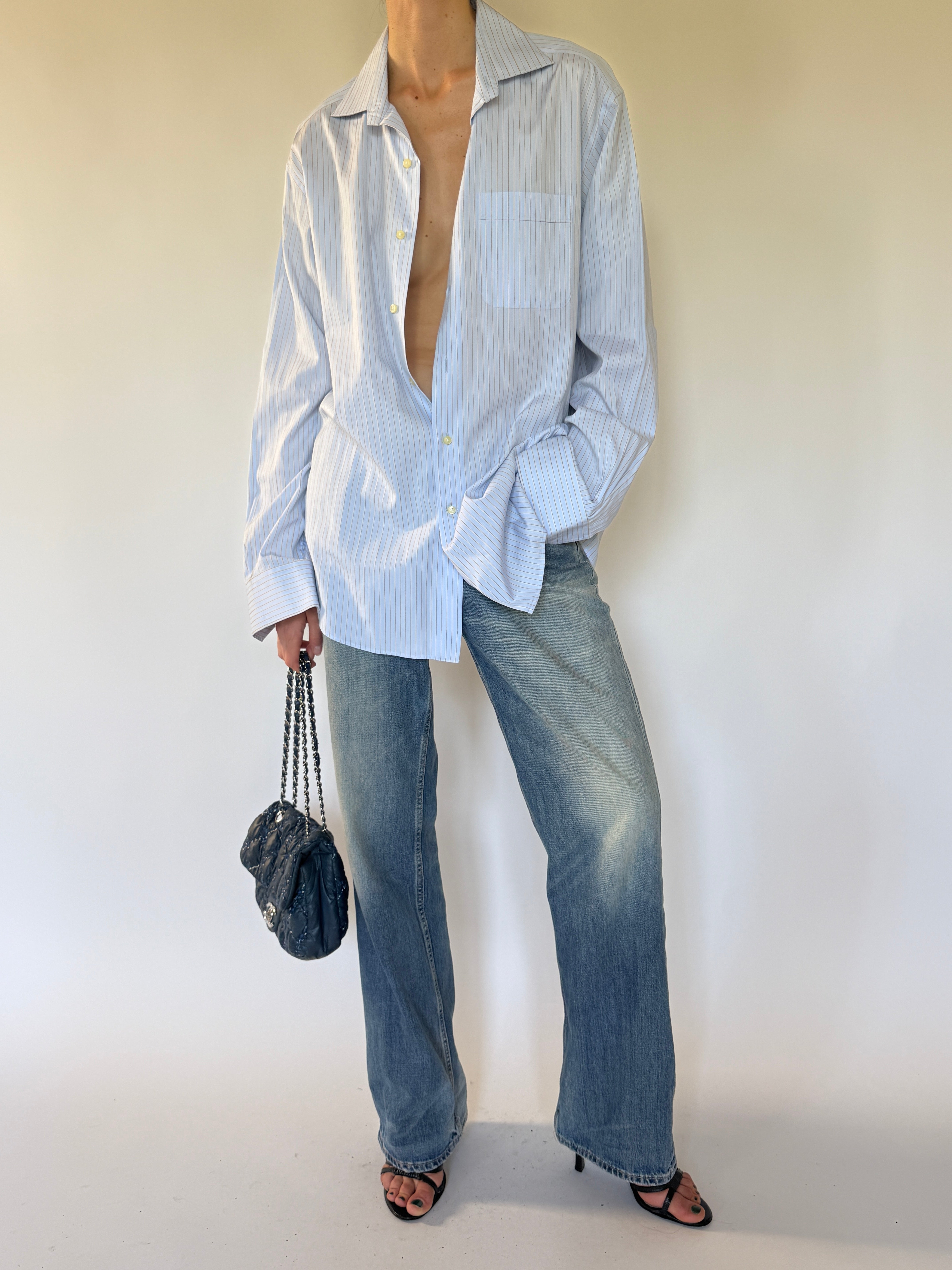 Vintage blue pinstripe cotton shirt front view