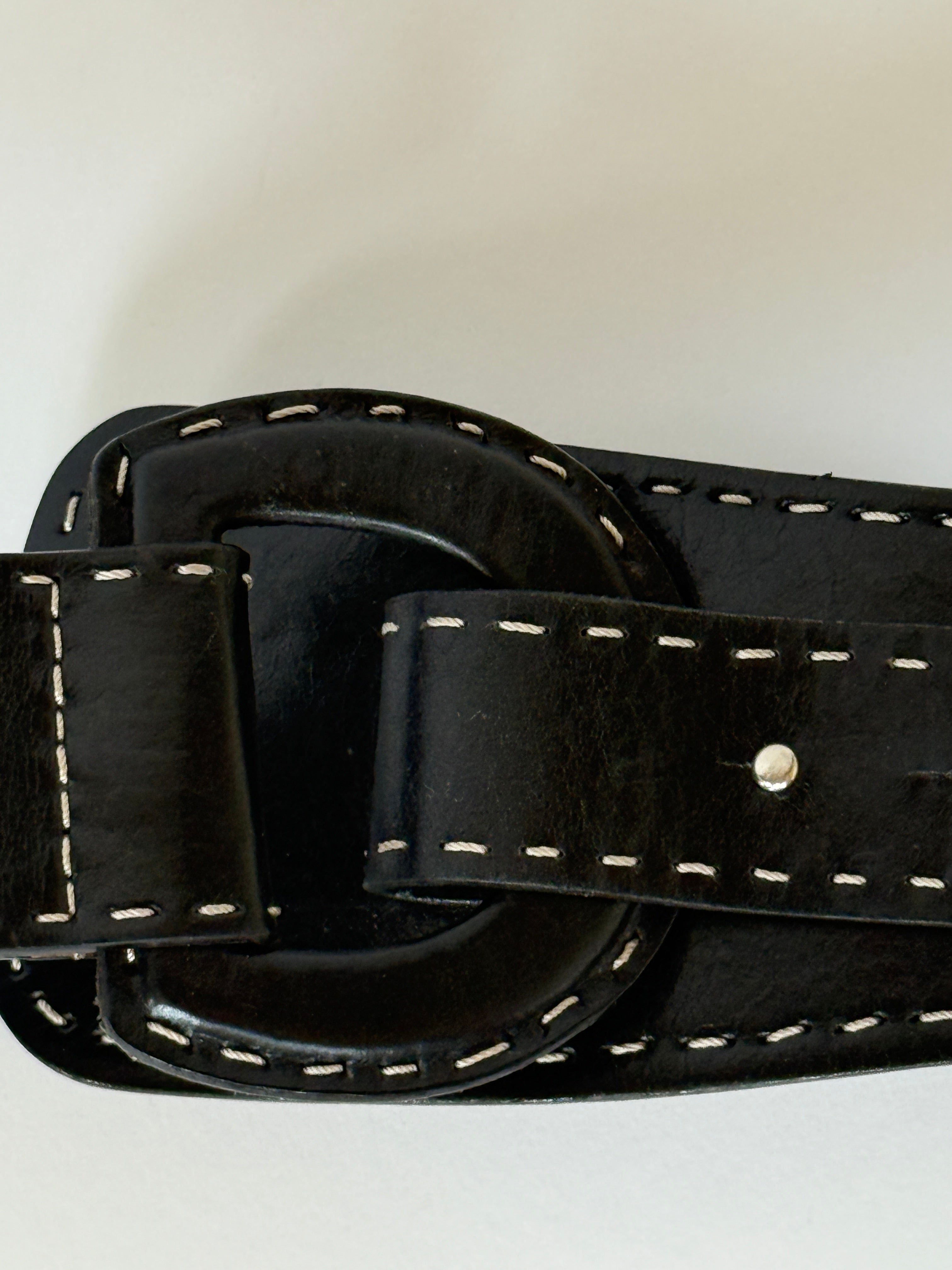 Vintage black Leather Belt with Contrast Stitching