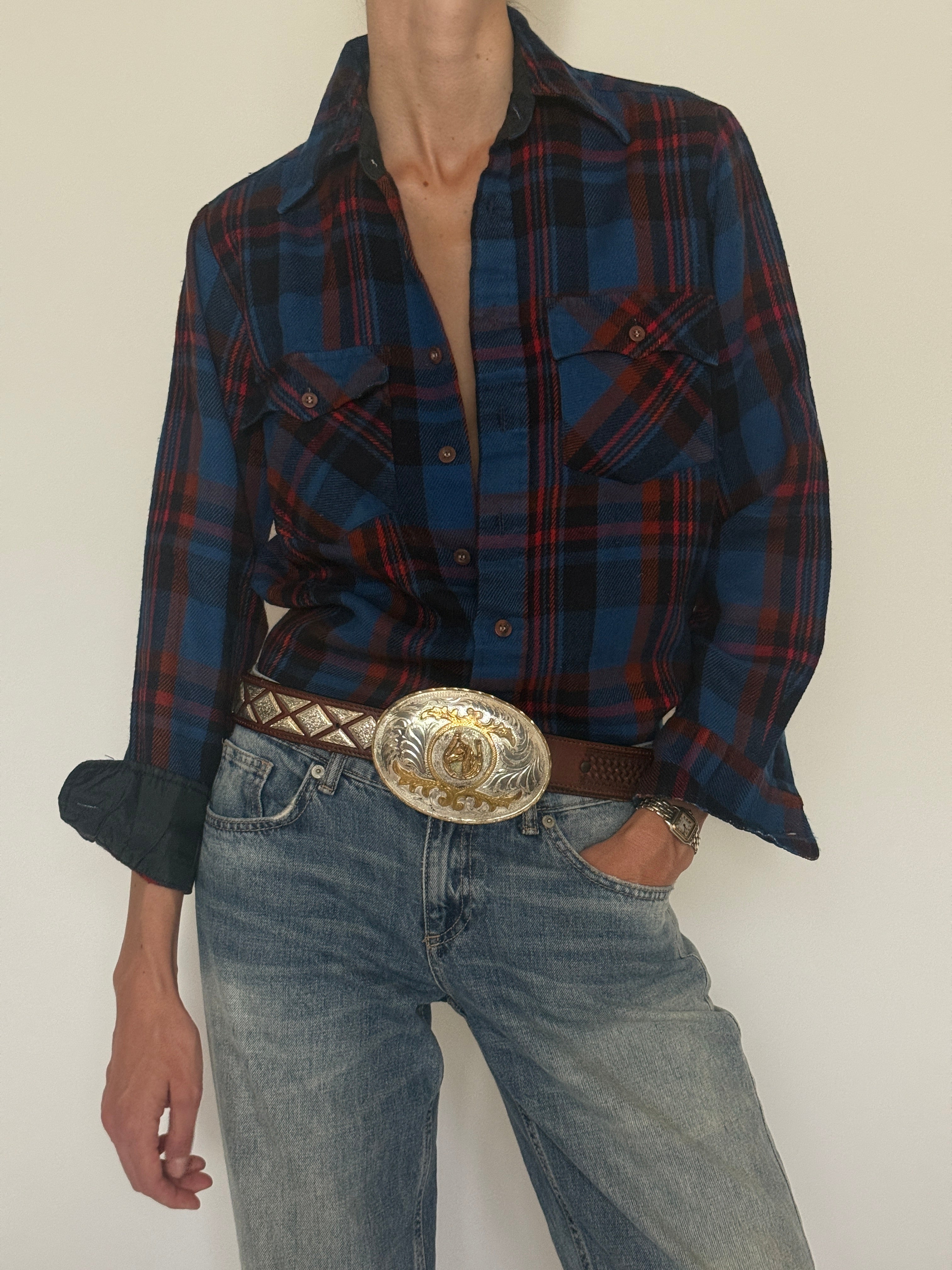 Vintage blue red and black plaid flannel shirt front view