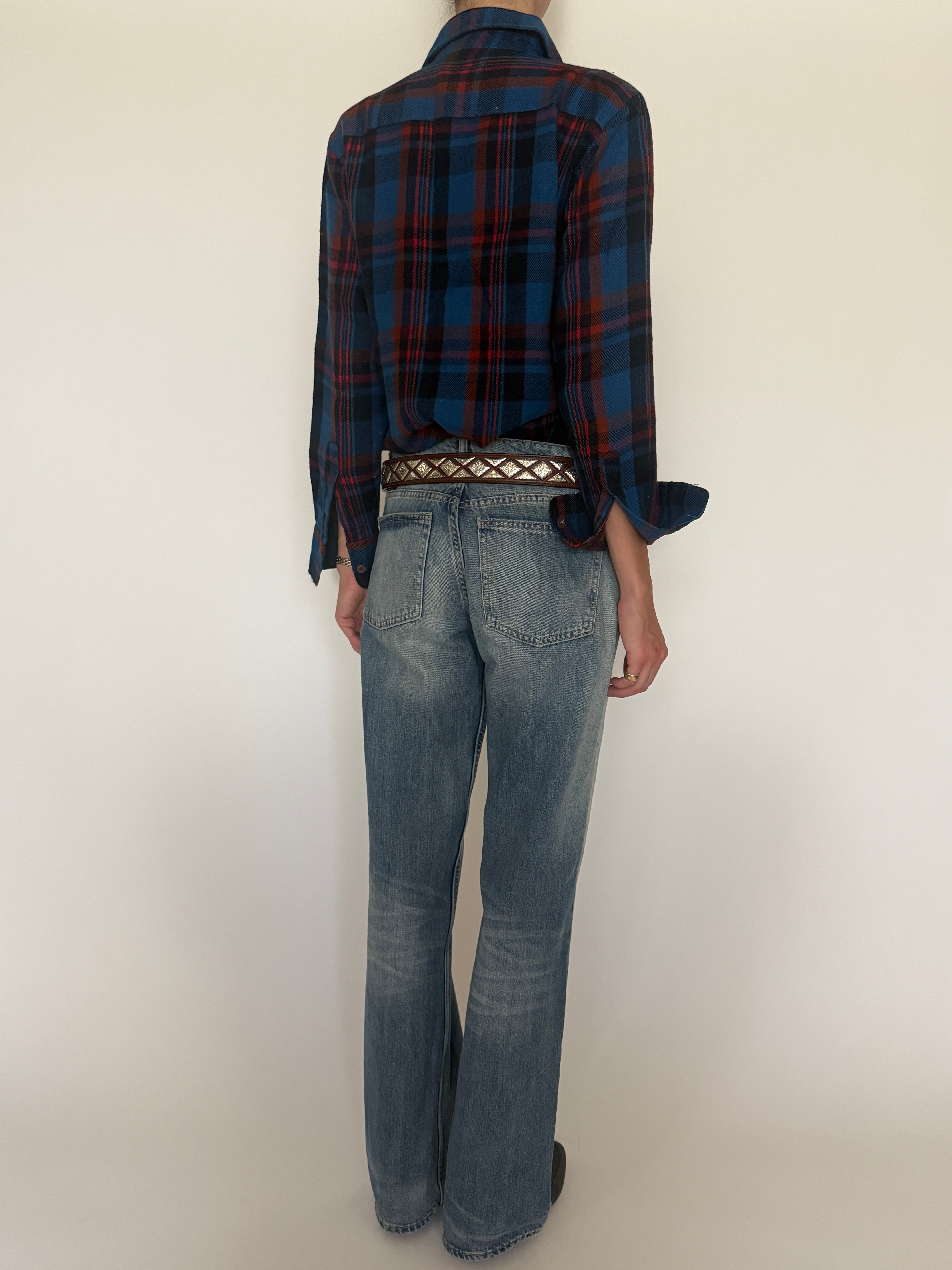 Vintage blue red and black plaid flannel shirt back view