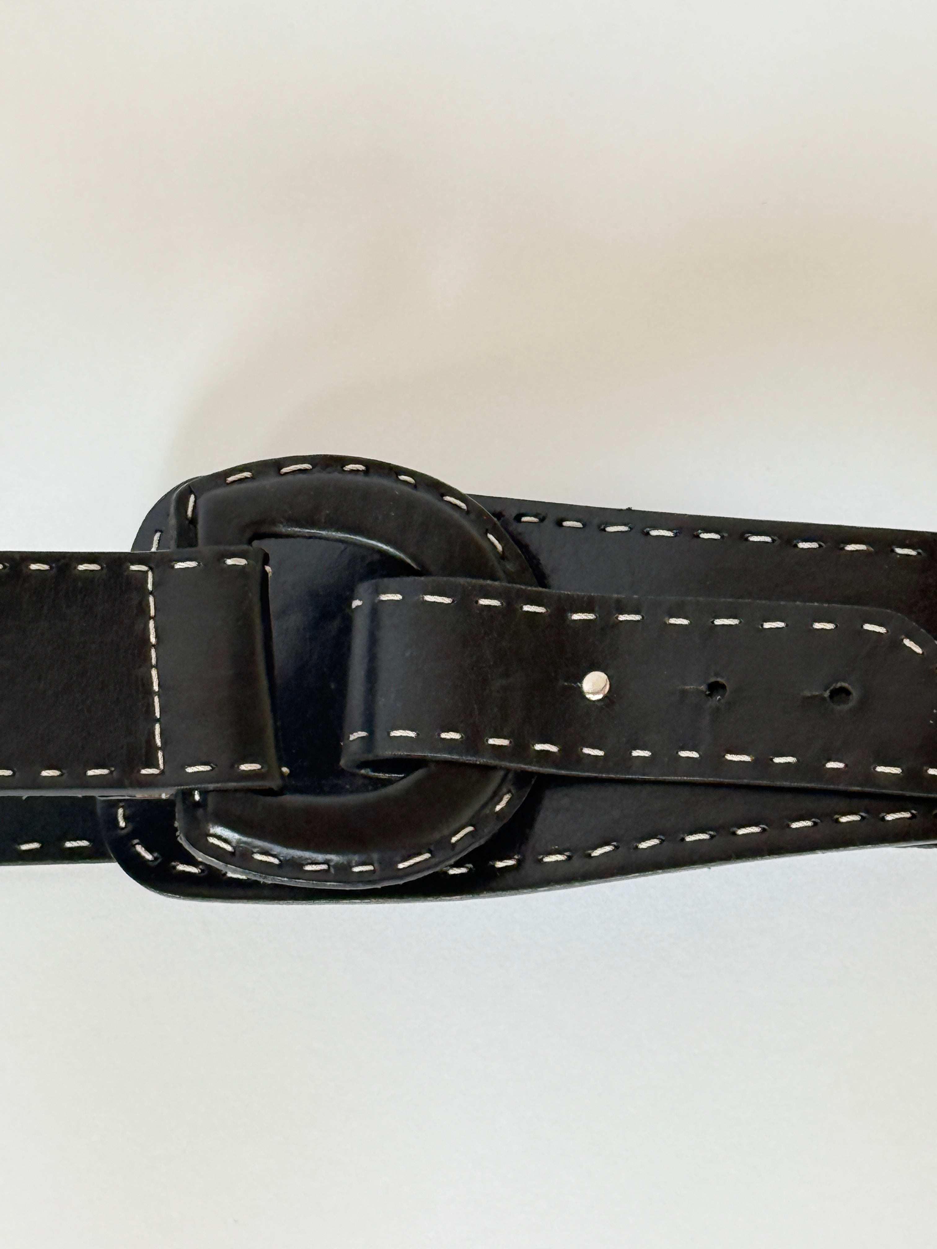 Vintage black Leather Belt with Contrast Stitching