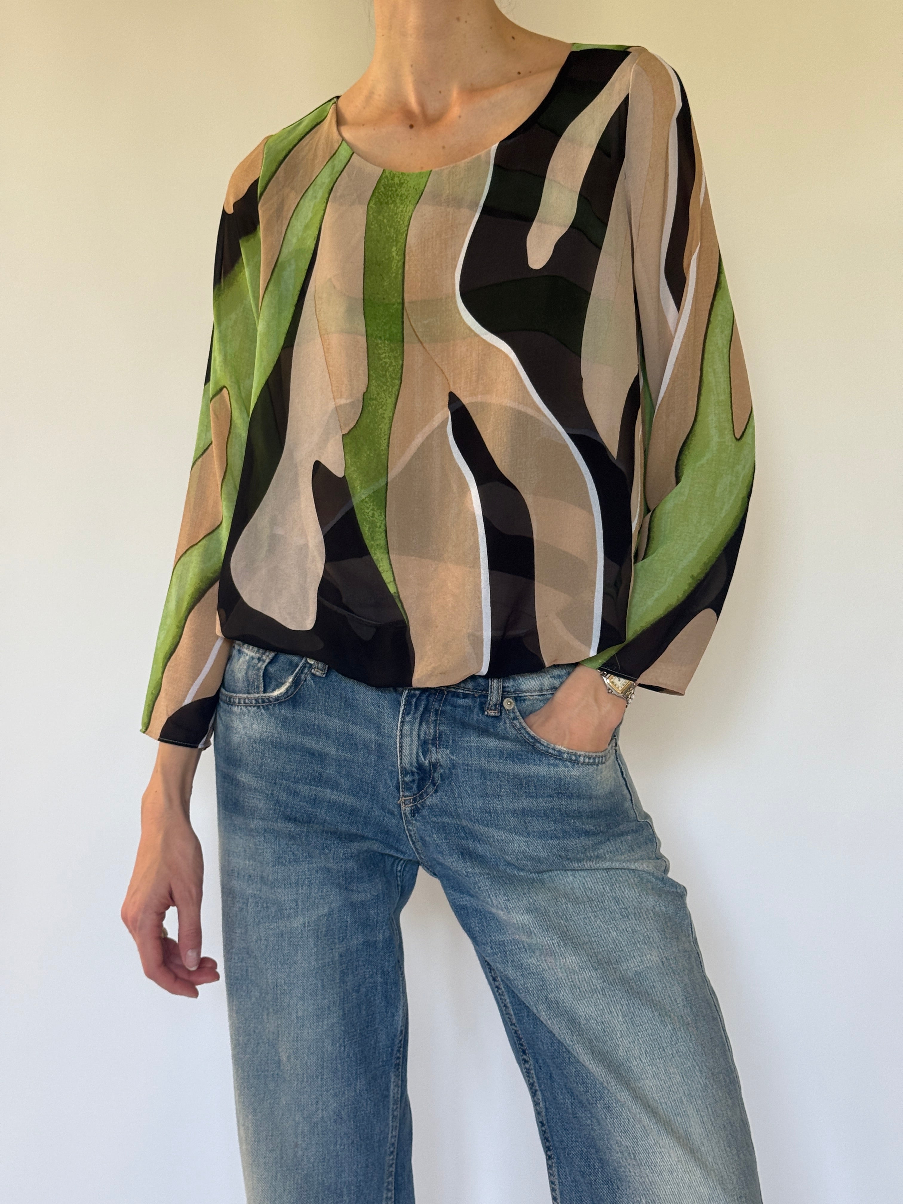 Vintage sheer fabric close-up with green print