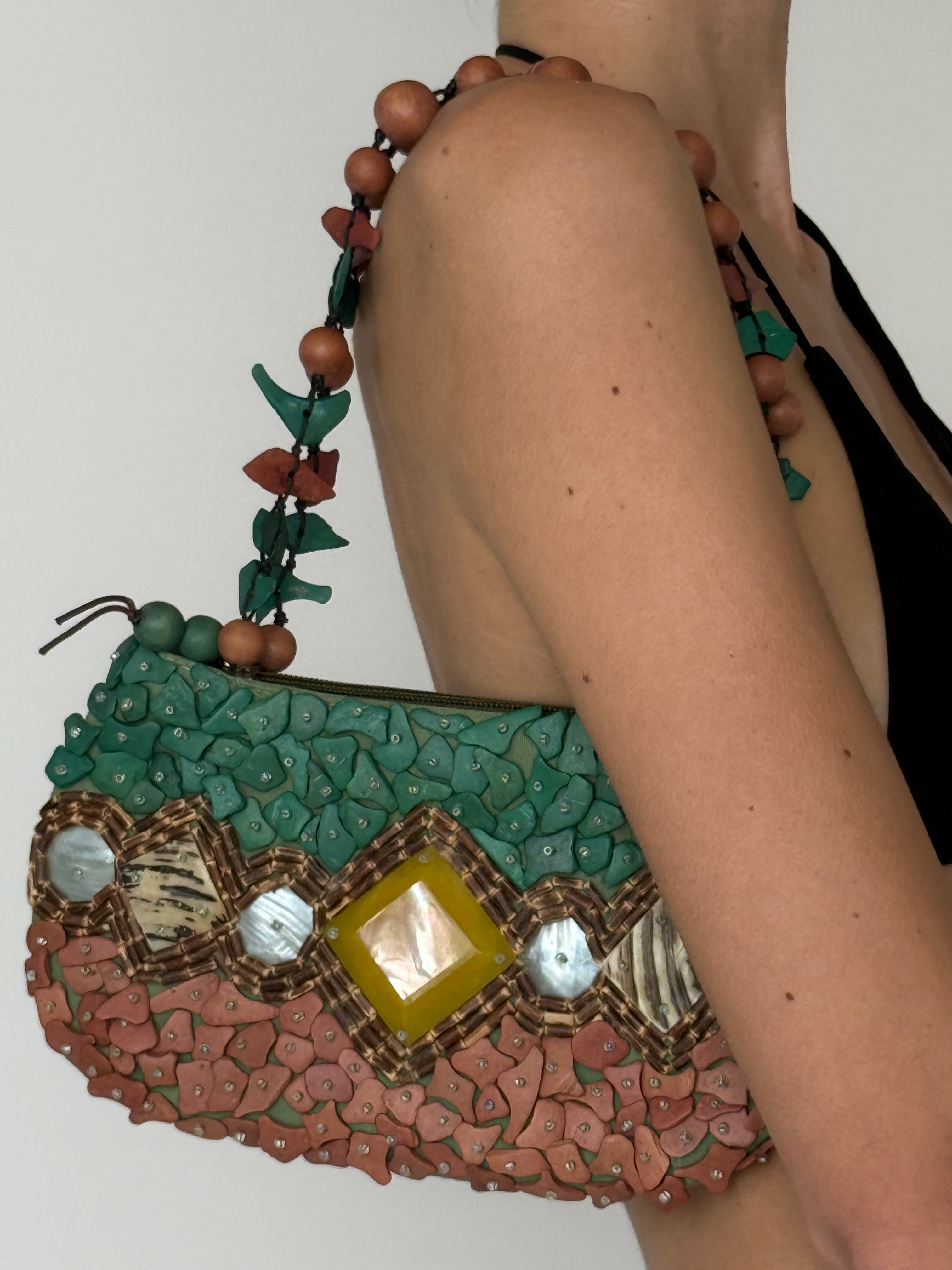 Vintage beaded handbag green brown side view