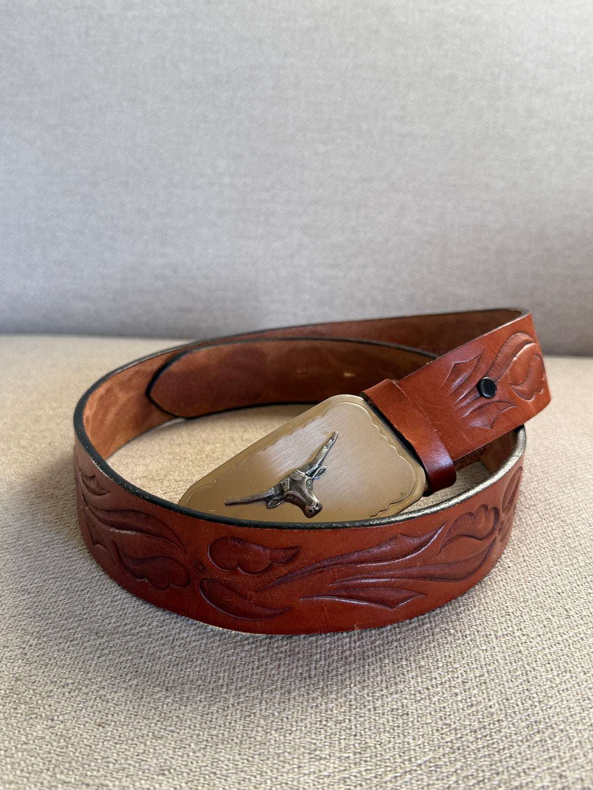 Vintage Brown Western Leather Belt with Silver 3D Buckle 8419