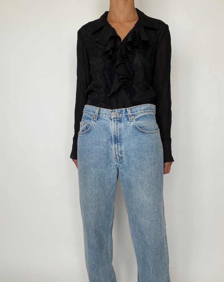 VINTAGE BLACK RUFFLED BLOUSE 2524