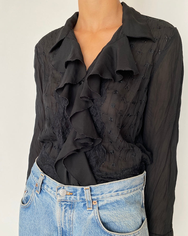 VINTAGE BLACK RUFFLED BLOUSE 2524