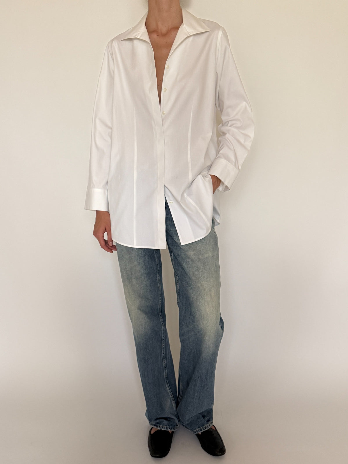 White longline button-down shirt modeled, SVC vintage sourced