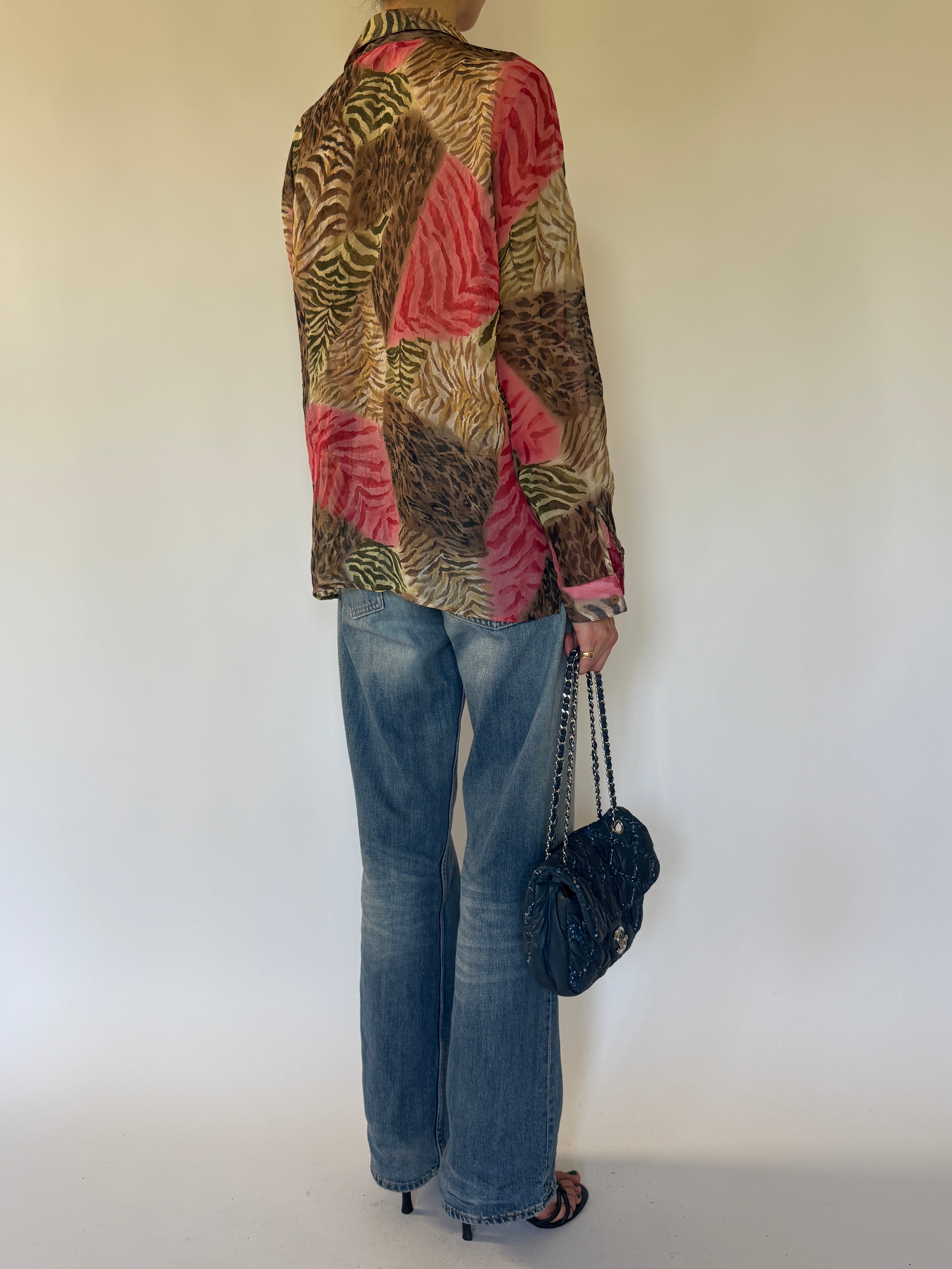 Vintage sheer animal print shirt back view with mixed print design