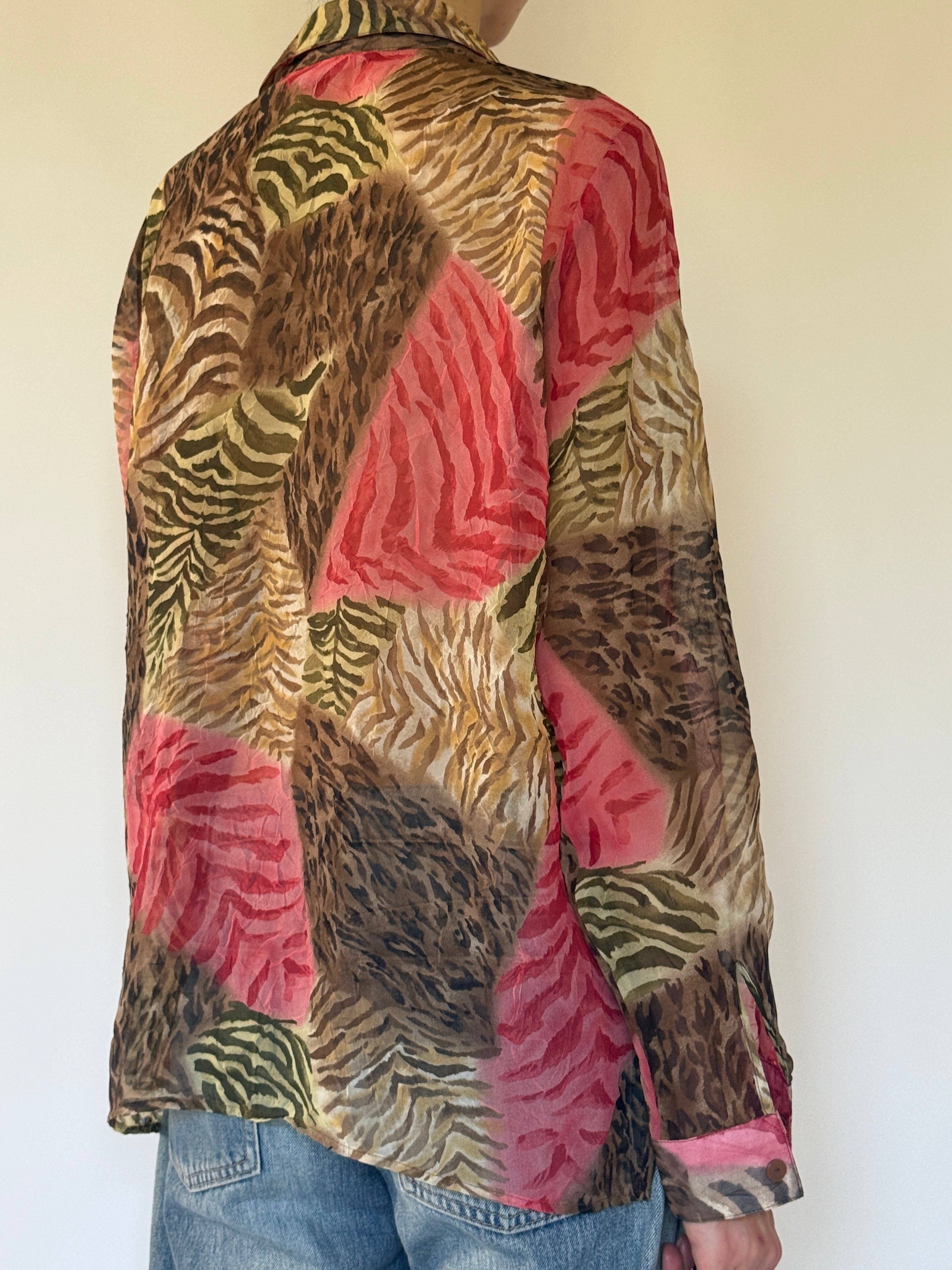 Vintage sheer animal print shirt back view with mixed print design