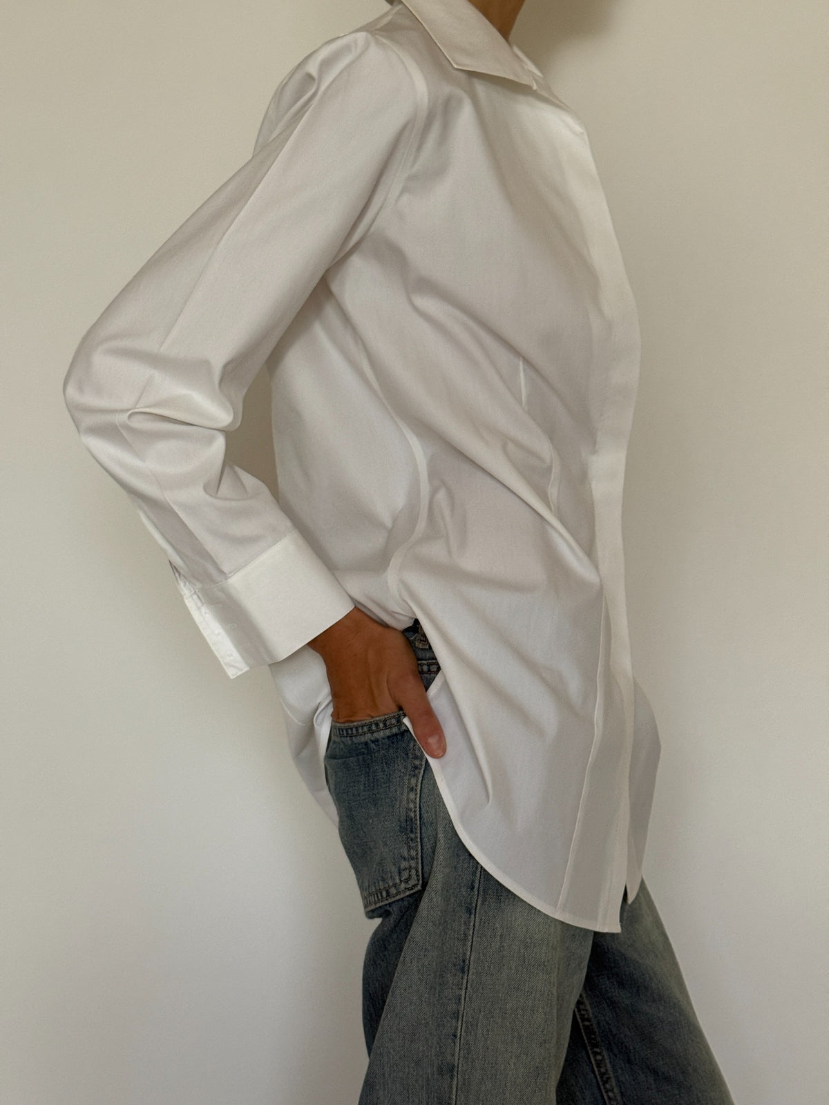 White longline button-down shirt modeled, SVC vintage sourced