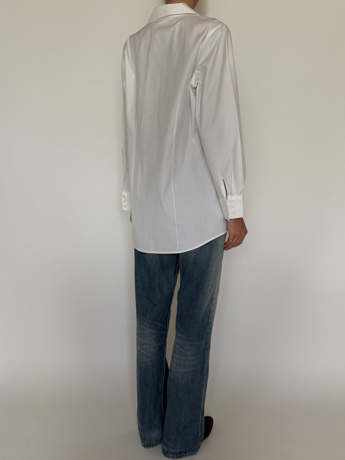 White longline button-down shirt modeled, SVC vintage sourced