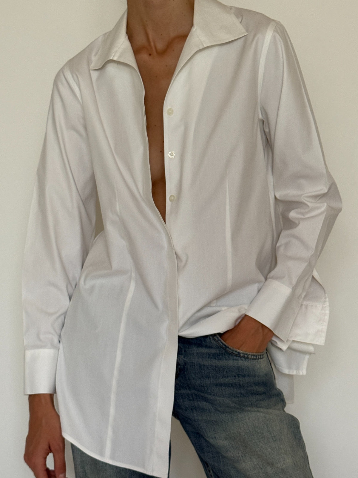 White longline button-down shirt modeled, SVC vintage sourced