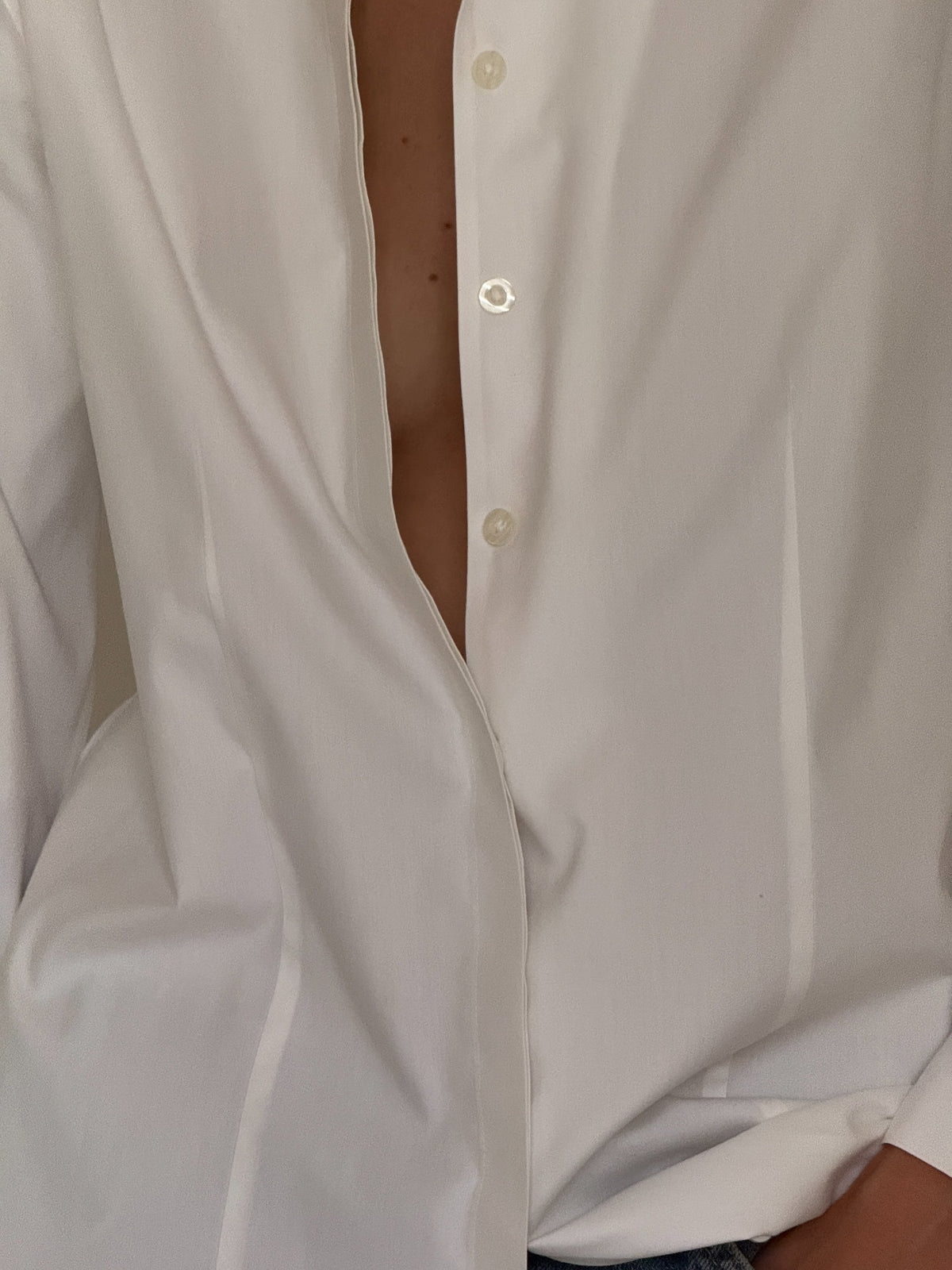 White longline button-down shirt modeled, SVC vintage sourced