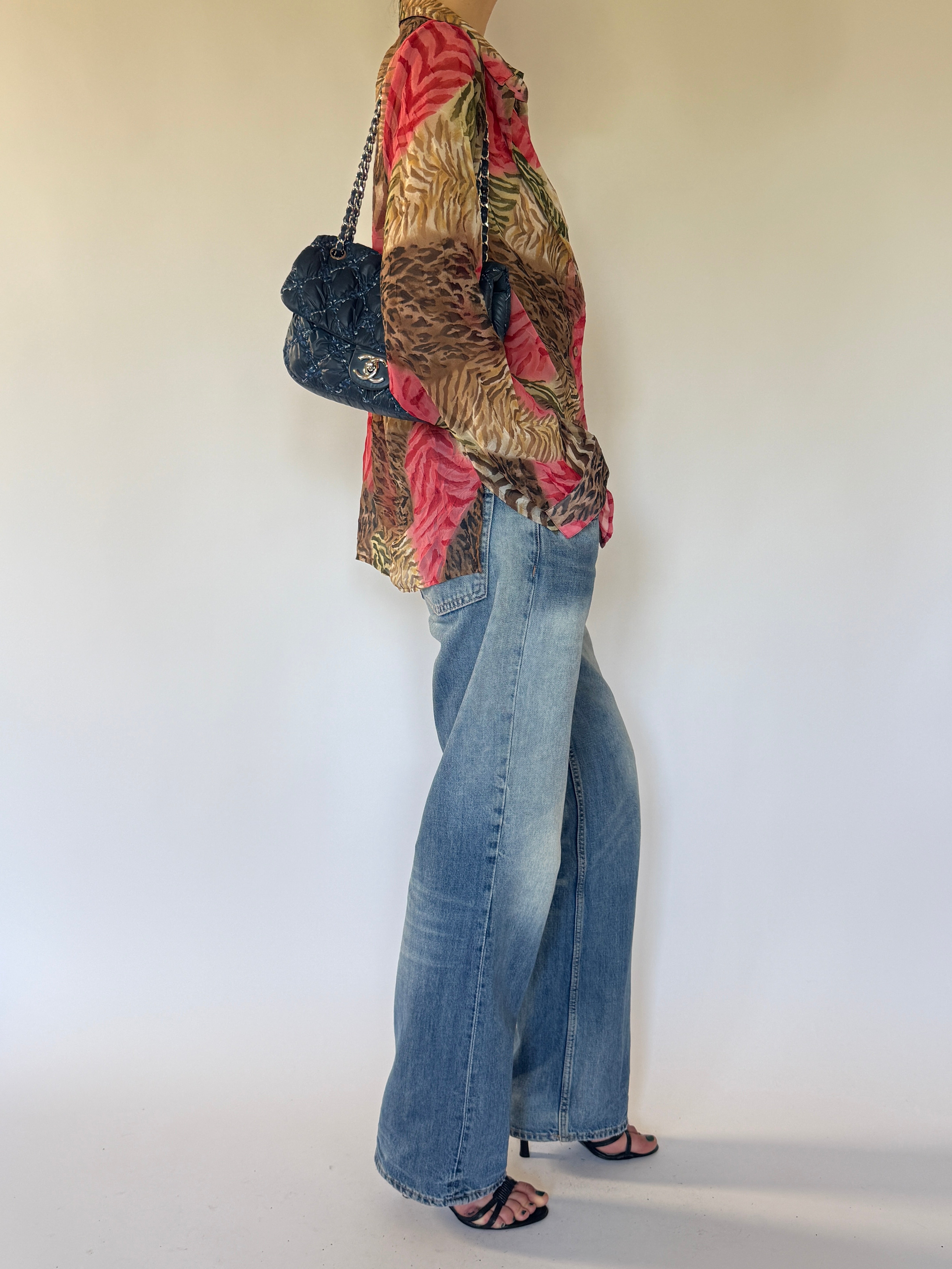 Vintage sheer animal print shirt side view with long sleeves