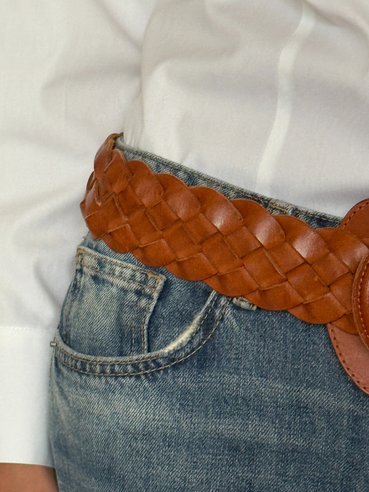 Vintage braided leather belt cognac braided leather detail