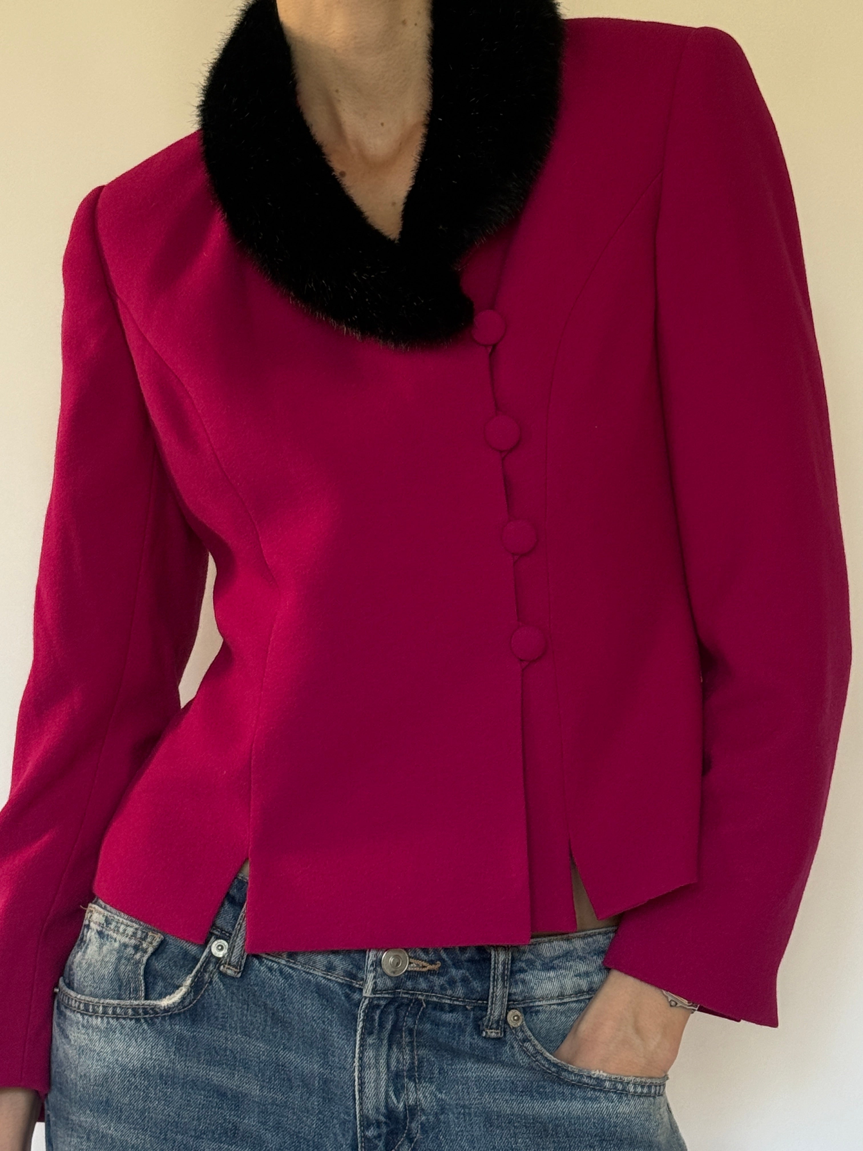 Vintage pink jacket side view with fitted silhouette