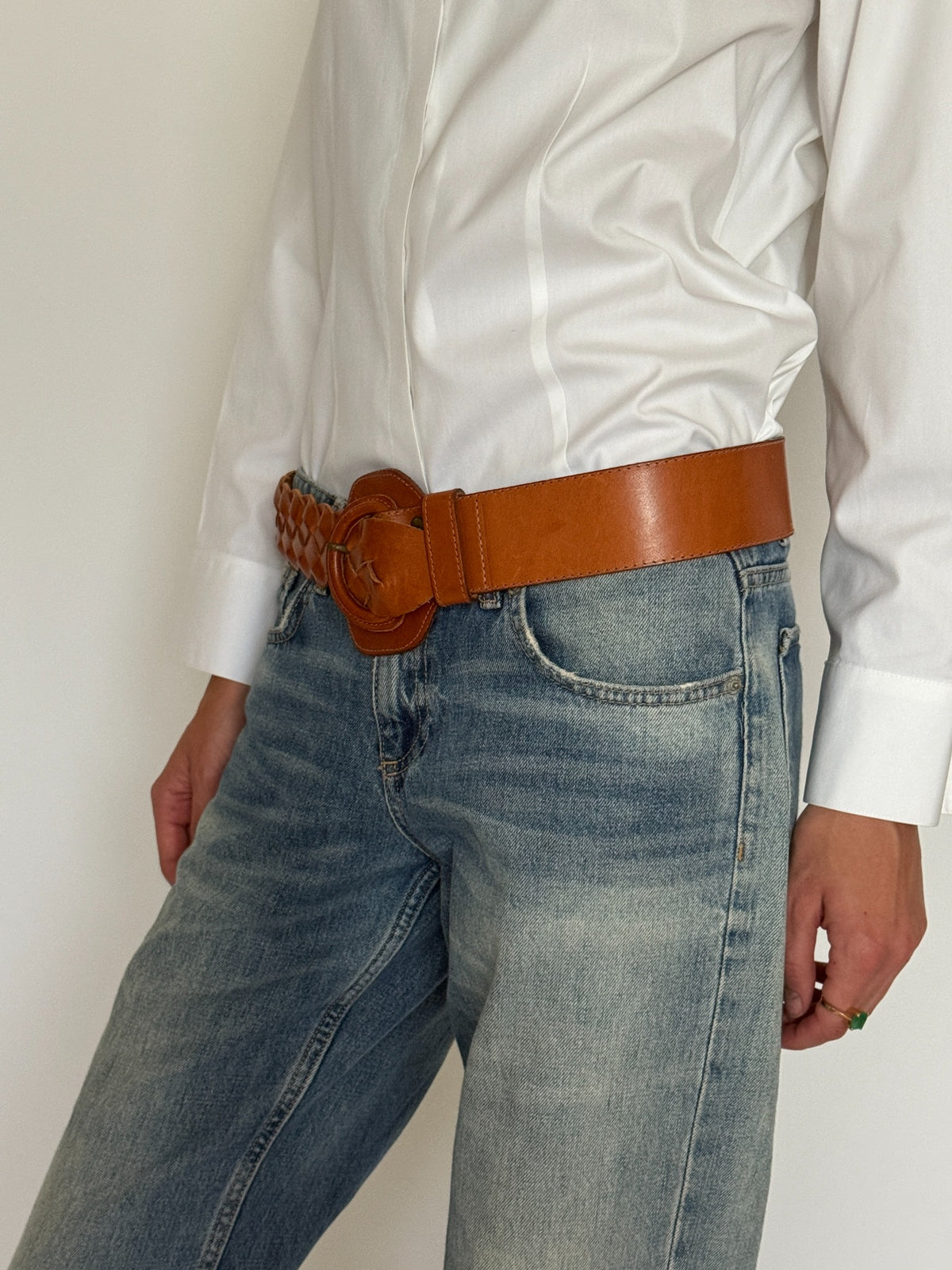 Vintage braided leather belt cognac angled front view